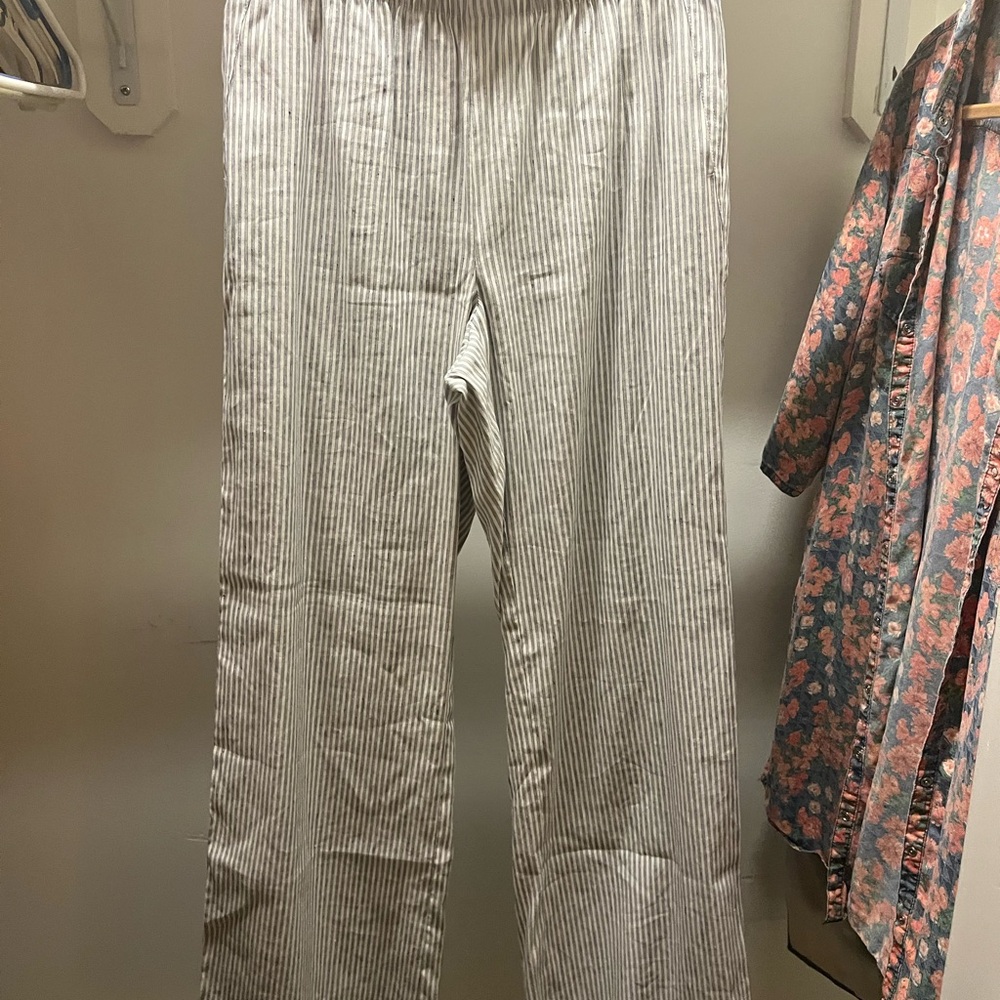 NWT Lands' End Linen Blend Navy Blue and White Striped High Rise Wide Leg Pants